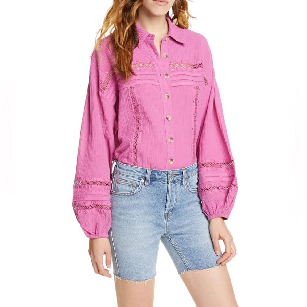 Free People Summer Stars Crochet Trim Button Down Top